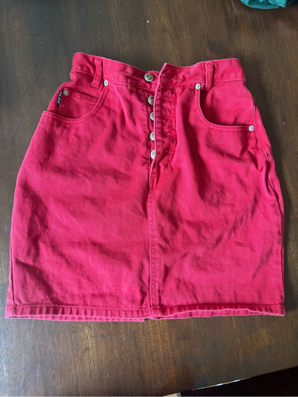 Red Button-Front Denim Skirt